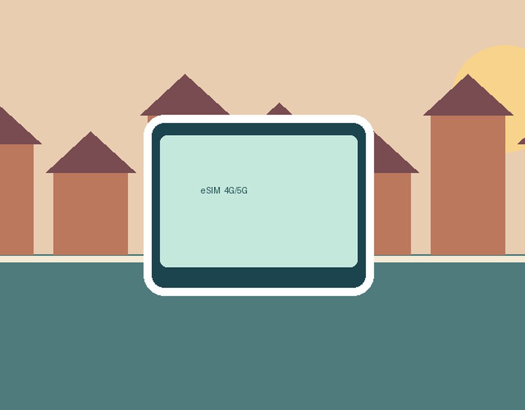 : Illustration of European rooftops at sunset with a smartphone showing eSIM connectivity